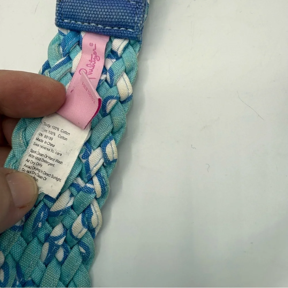 Lilly Pulitzer Woven Belt Braid silver D Ring Cotton Size Medium blue Aqua white